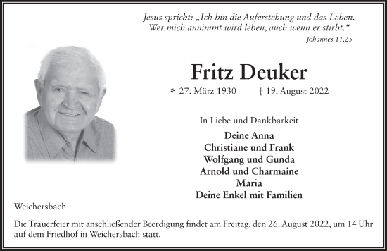 Traueranzeige von Fritz Deuker von FZ