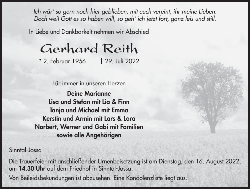 Traueranzeigen von Gerhard Reith trauer36.de