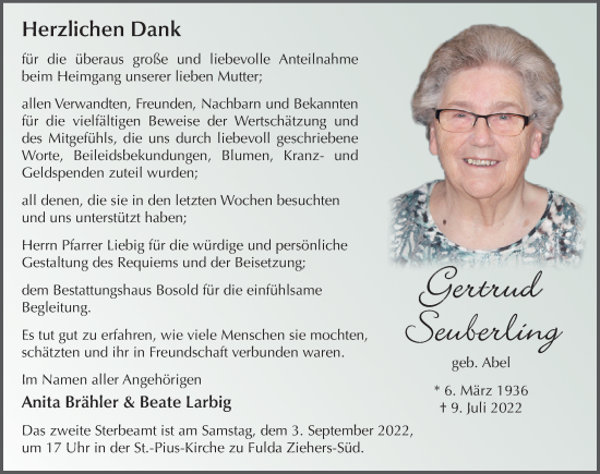 Traueranzeige von Gertrud Seuberling von FZ
