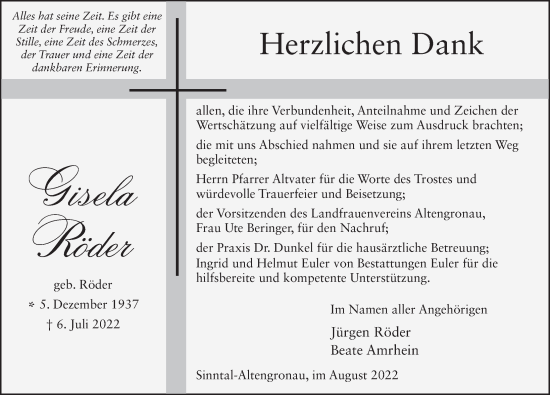 Traueranzeige von Gisela Röder von FZ