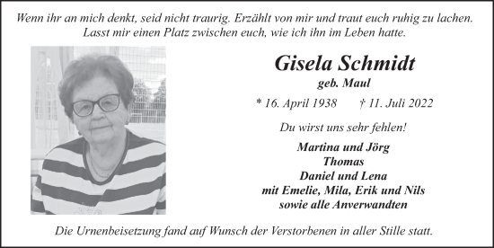 Traueranzeige von Gisela Schmidt von FZ