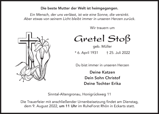 Traueranzeige von Gretel Stoß von FZ
