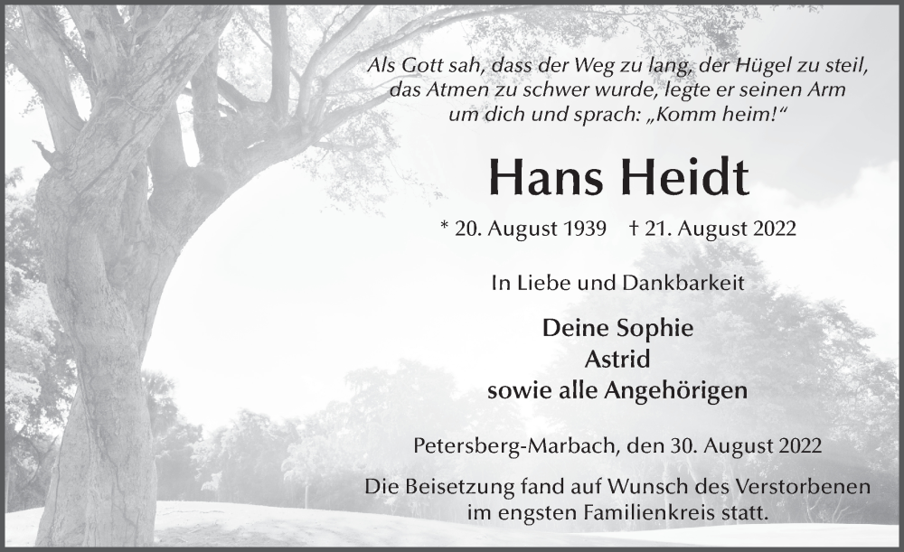 Traueranzeige für Hans Heidt vom 30.08.2022 aus FZ
