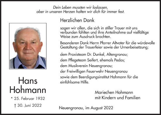 Traueranzeige von Hans Hohmann von FZ