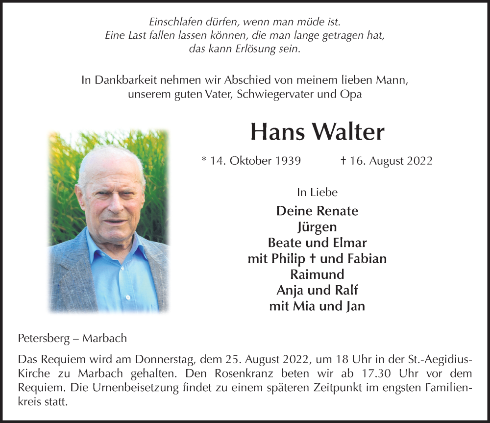  Traueranzeige für Hans Walter vom 22.08.2022 aus FZ