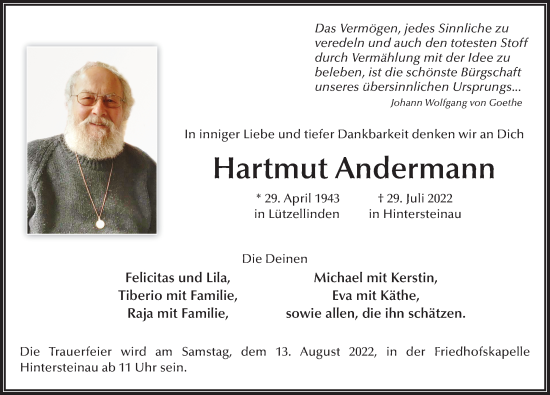 Traueranzeige von Hartmut Andermann von FZ