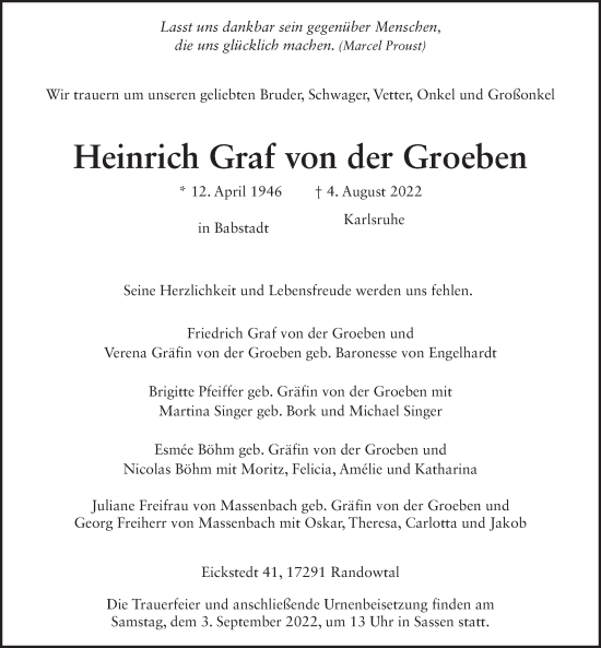 Traueranzeige von Heinrich Graf von der Groeben von FZ