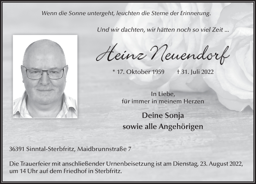  Traueranzeige für Heinz Neuendorf vom 18.08.2022 aus FZ