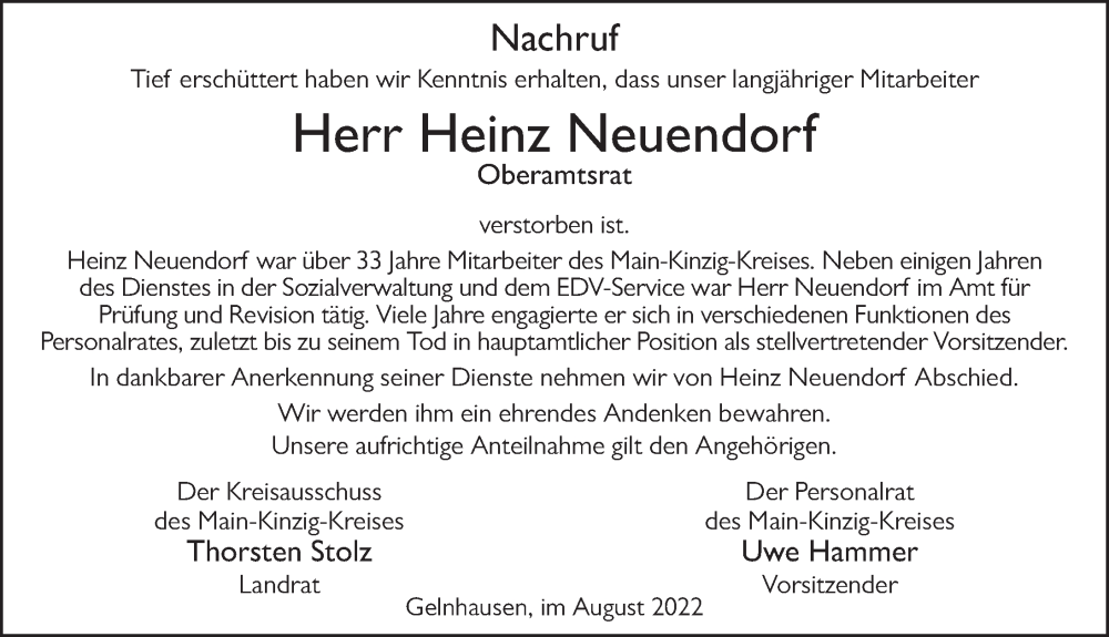  Traueranzeige für Heinz Neuendorf vom 18.08.2022 aus FZ