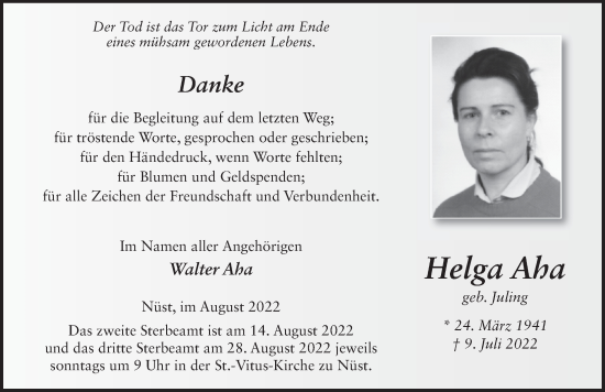 Traueranzeige von Helga Aha von FZ