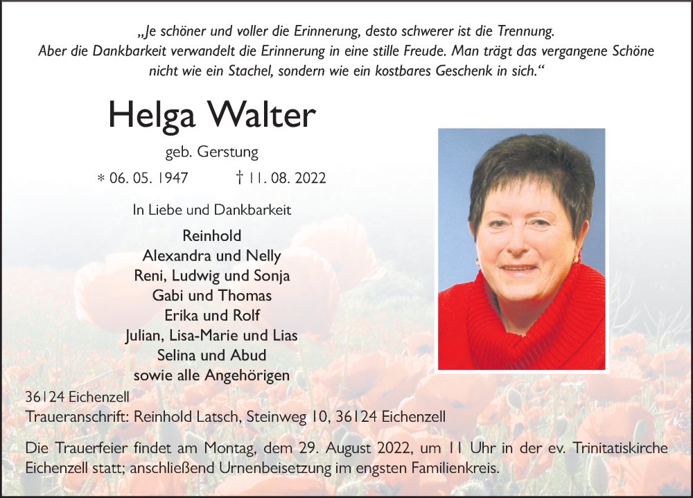  Traueranzeige für Helga Walter vom 25.08.2022 aus FZ
