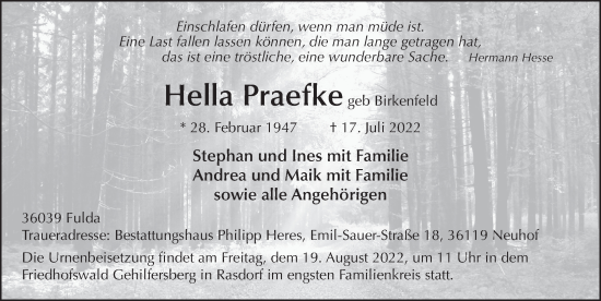 Traueranzeige von Hella Praefke von FZ