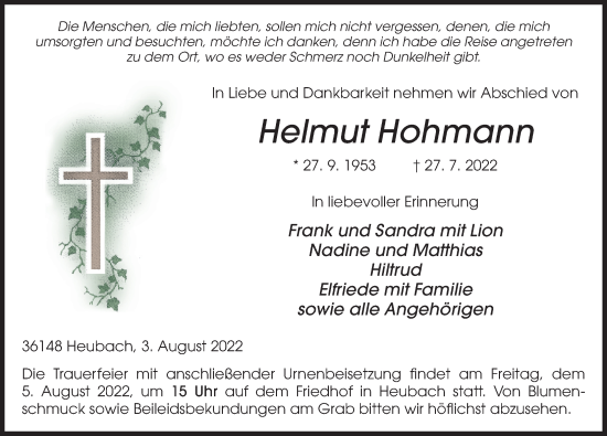 Traueranzeige von Helmut Hohmann von FZ