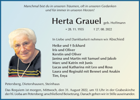Traueranzeige von Herta Grauel von FZ