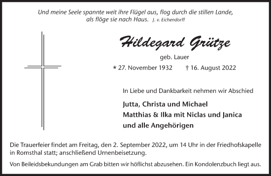 Traueranzeige von Hildegard Grütze von FZ