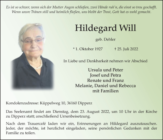 Traueranzeige von Hildegard Will von FZ