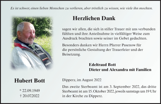 Traueranzeige von Hubert Bott von FZ