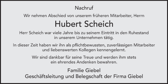 Traueranzeige von Hubert Scheich von FZ