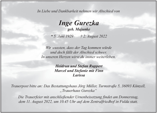 Traueranzeige von Inge Gurezka von FZ