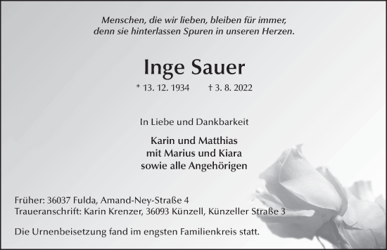 Traueranzeige von Inge Sauer von FZ