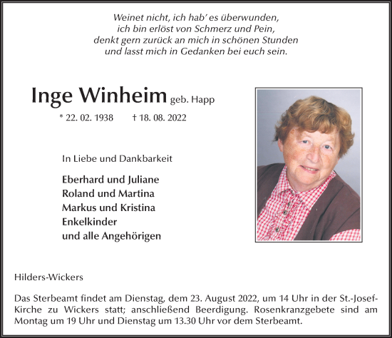 Traueranzeige von Inge Winheim von FZ