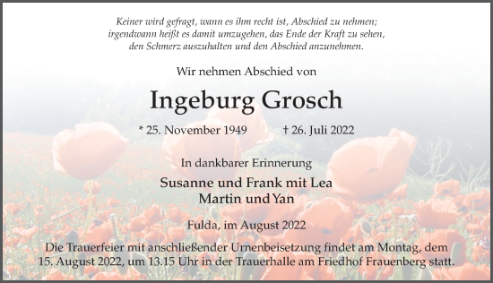 Traueranzeige von Ingeburg Grosch von FZ