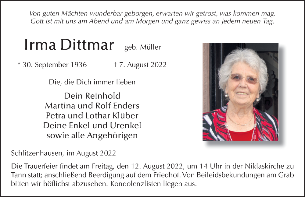  Traueranzeige für Irma Dittmar vom 10.08.2022 aus FZ