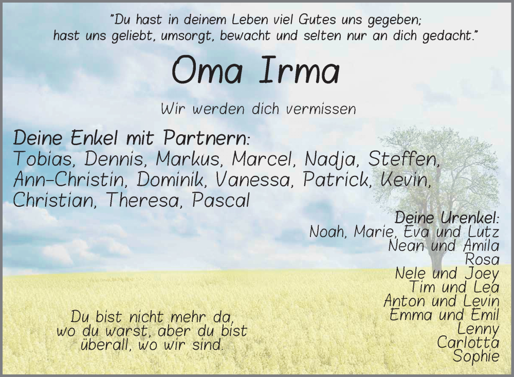  Traueranzeige für Irma Hahner vom 27.08.2022 aus FZ