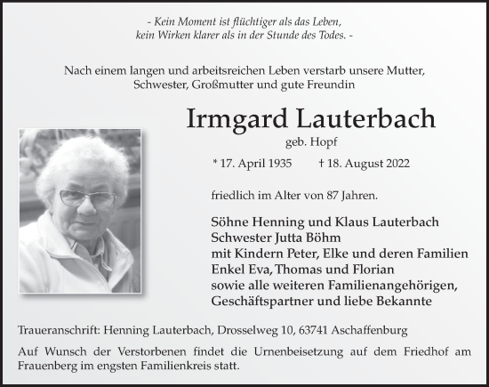 Traueranzeige von Irmgard Lauterbach von FZ