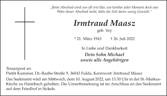 Traueranzeige von Irmtraud Maasz von FZ