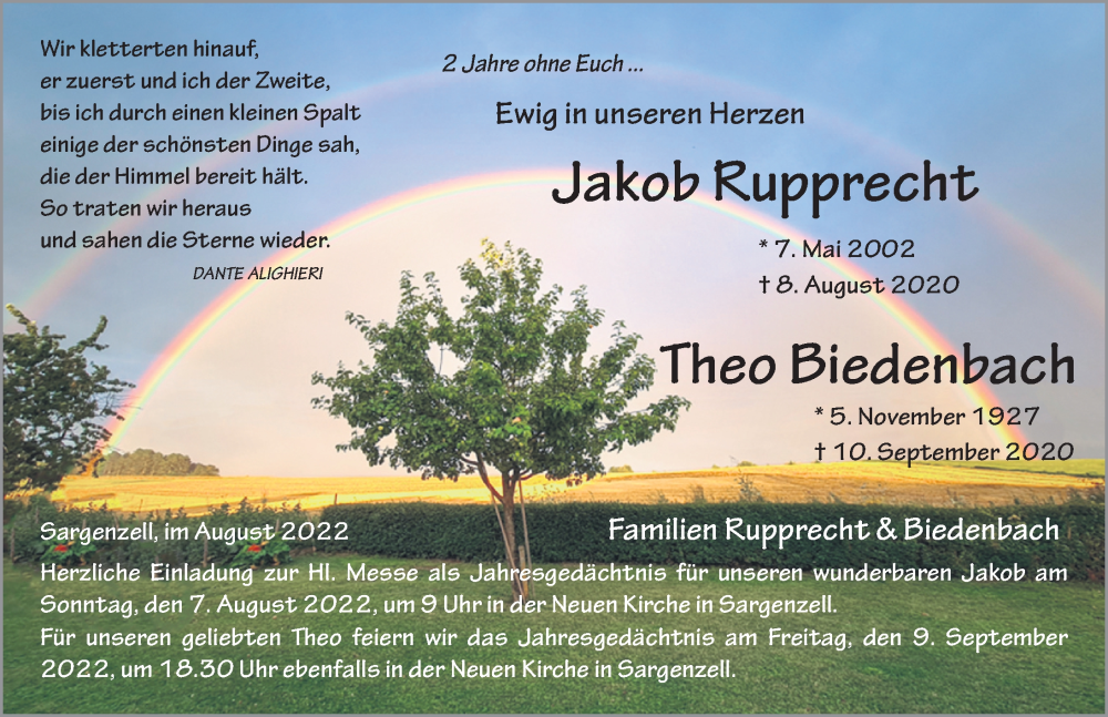  Traueranzeige für Jakob Gerhard Rupprecht vom 05.08.2022 aus FZ