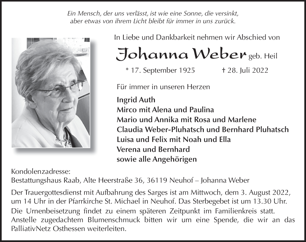  Traueranzeige für Johanna Weber vom 01.08.2022 aus FZ