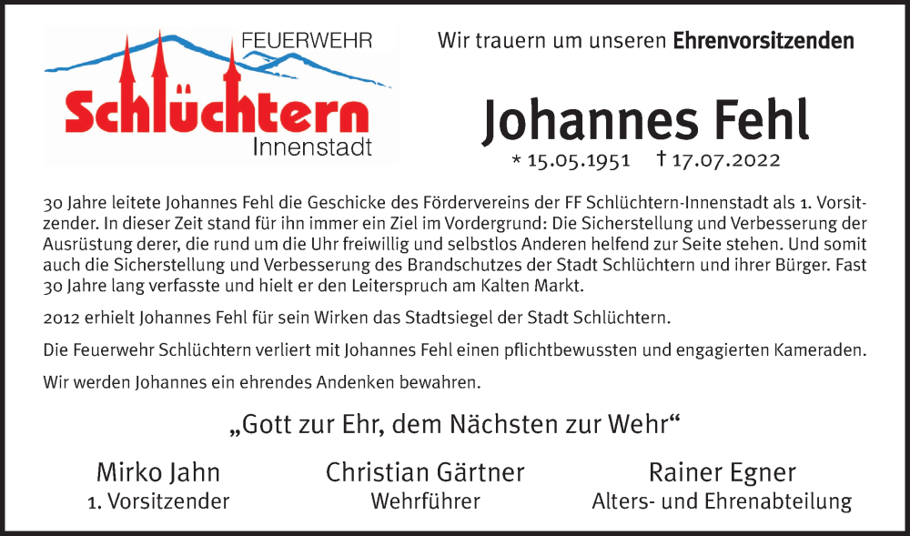  Traueranzeige für Johannes Fehl vom 04.08.2022 aus FZ