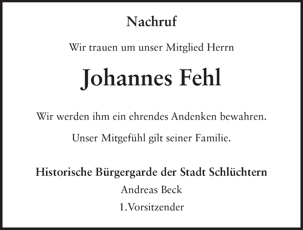  Traueranzeige für Johannes Fehl vom 04.08.2022 aus FZ