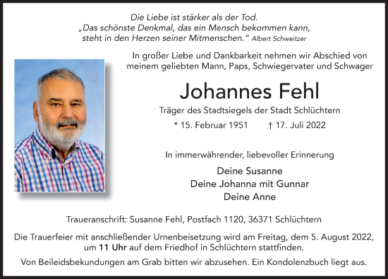 Traueranzeige von Johannes Fehl von FZ