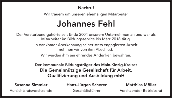 Traueranzeige von Johannes Fehl von FZ