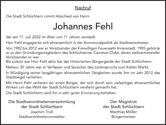 Traueranzeige von Johannes Fehl von FZ