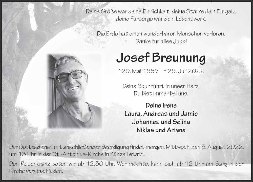  Traueranzeige für Josef Breunung vom 02.08.2022 aus FZ
