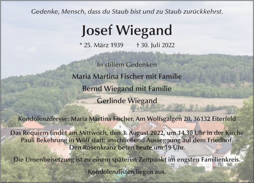  Traueranzeige für Josef Wiegand vom 02.08.2022 aus FZ