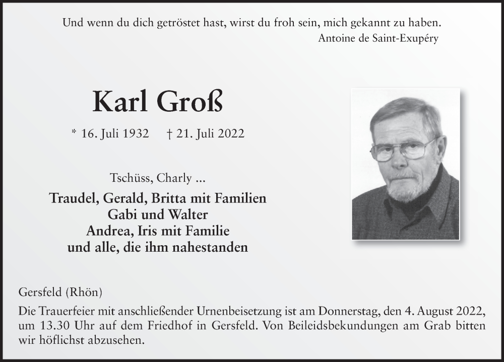  Traueranzeige für Karl Groß vom 01.08.2022 aus FZ