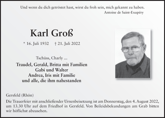 Traueranzeige von Karl Groß von FZ