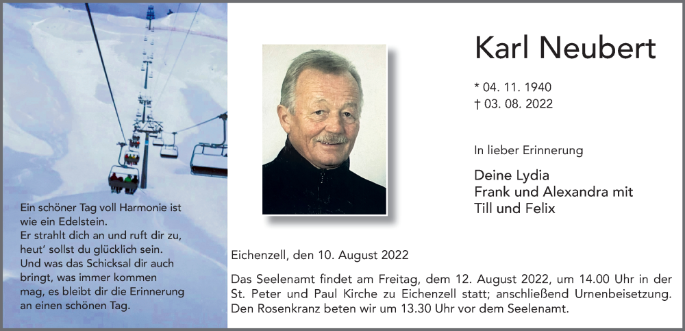  Traueranzeige für Karl Neubert vom 10.08.2022 aus FZ
