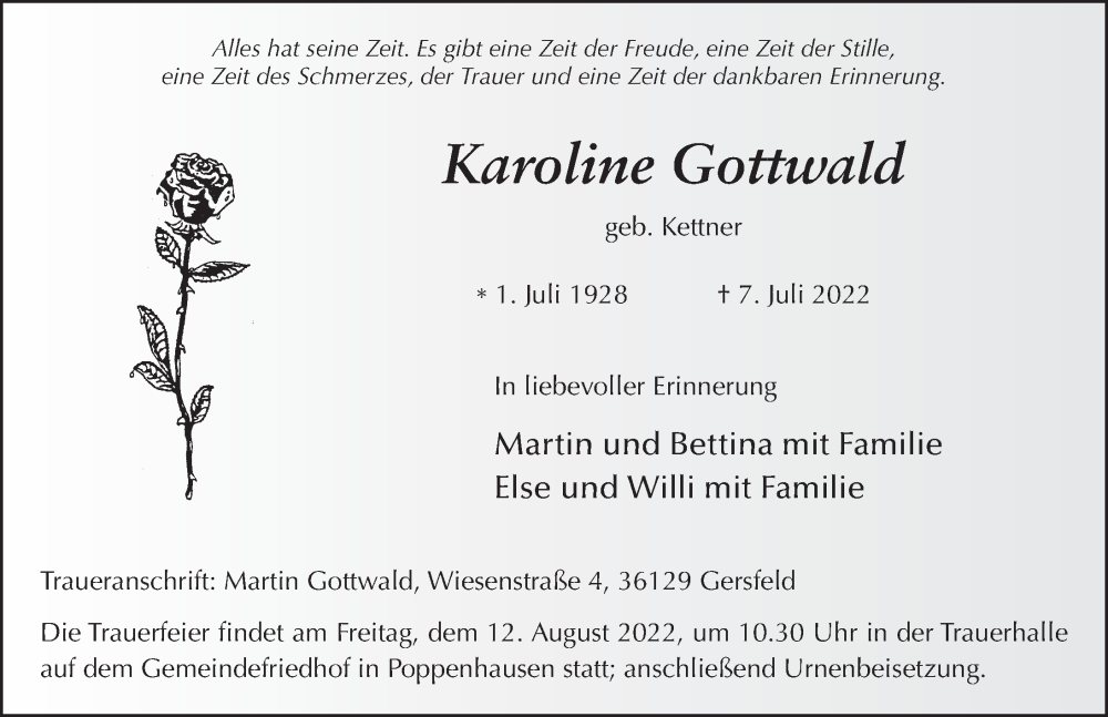  Traueranzeige für Karoline Gottwald vom 06.08.2022 aus FZ