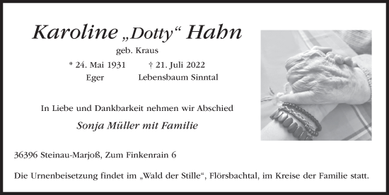 Traueranzeige von Karoline Hahn von FZ