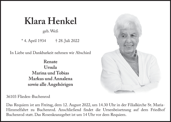 Traueranzeige von Klara Henkel von FZ