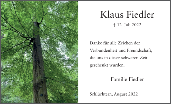 Traueranzeige von Klaus Fiedler von FZ