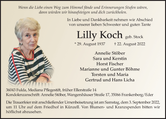 Traueranzeige von Lilly Koch von FZ