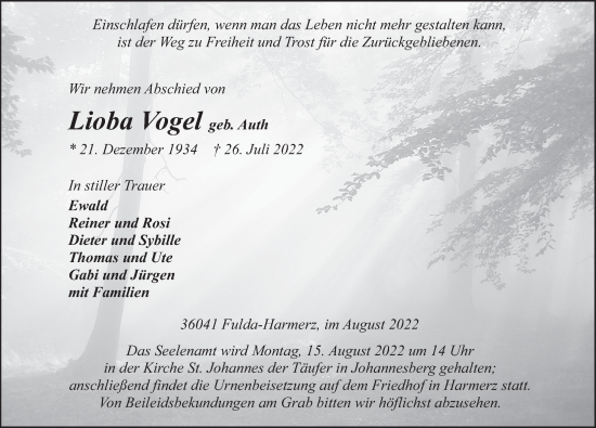 Traueranzeige von Lioba Vogel von FZ