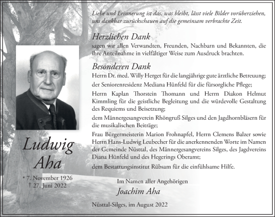 Traueranzeige von Ludwig Aha von FZ