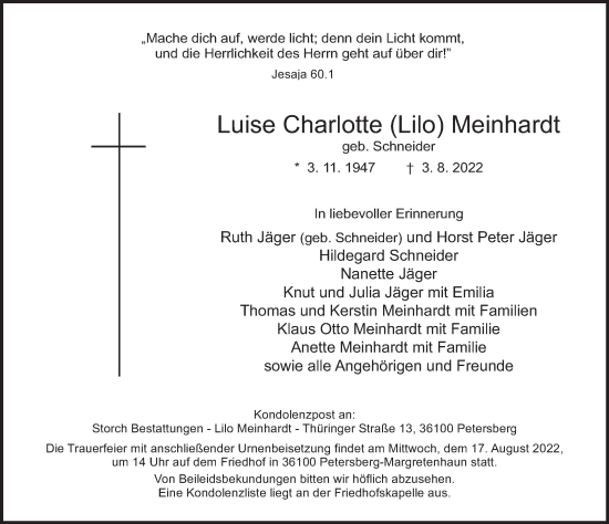Traueranzeige von Luise Charlotte Meinhardt von FZ